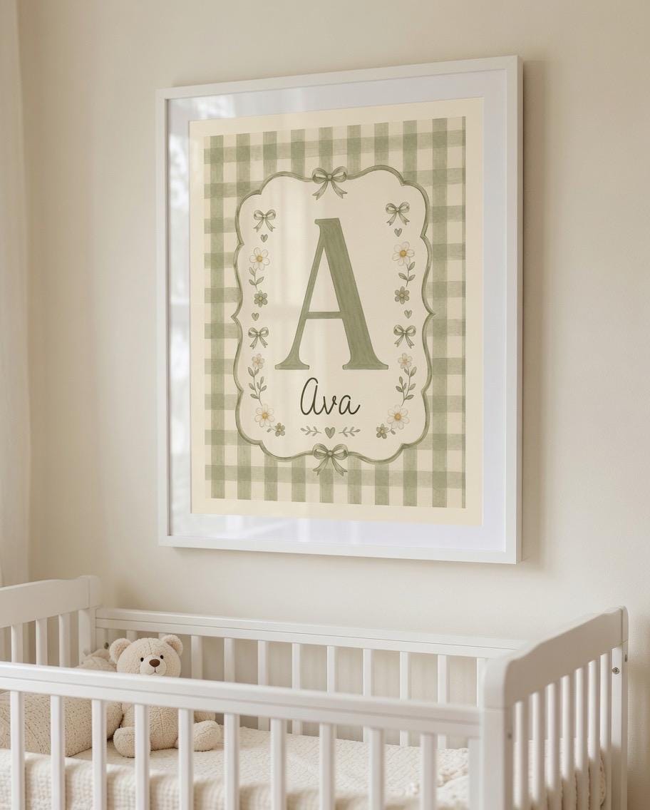 Personalized Floral Initial Nursery Print, Custom Girl Name Wall Art, Sage Gingham Nursery Decor, Digital Download Gift