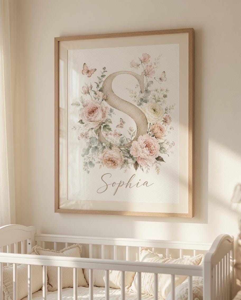 Personalized Floral Initial Nursery Print, Custom Name Wall Art, Neutral Baby Girl Nursery Decor, Botanical Digital Download