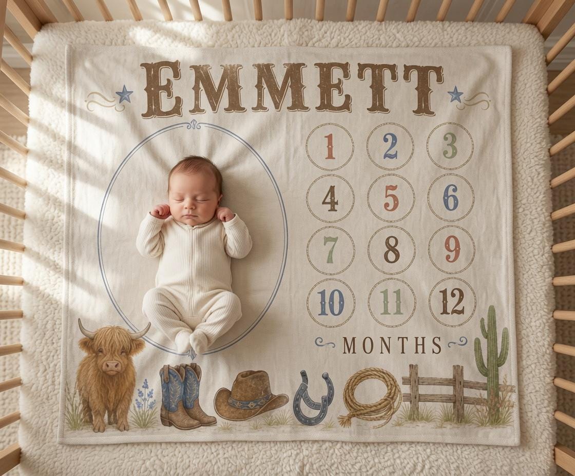 Personalized Western Milestone Blanket, Cowboy Baby Milestone Blanket, Highland Cow Monthly Blanket, Rustic Baby Boy First Ye