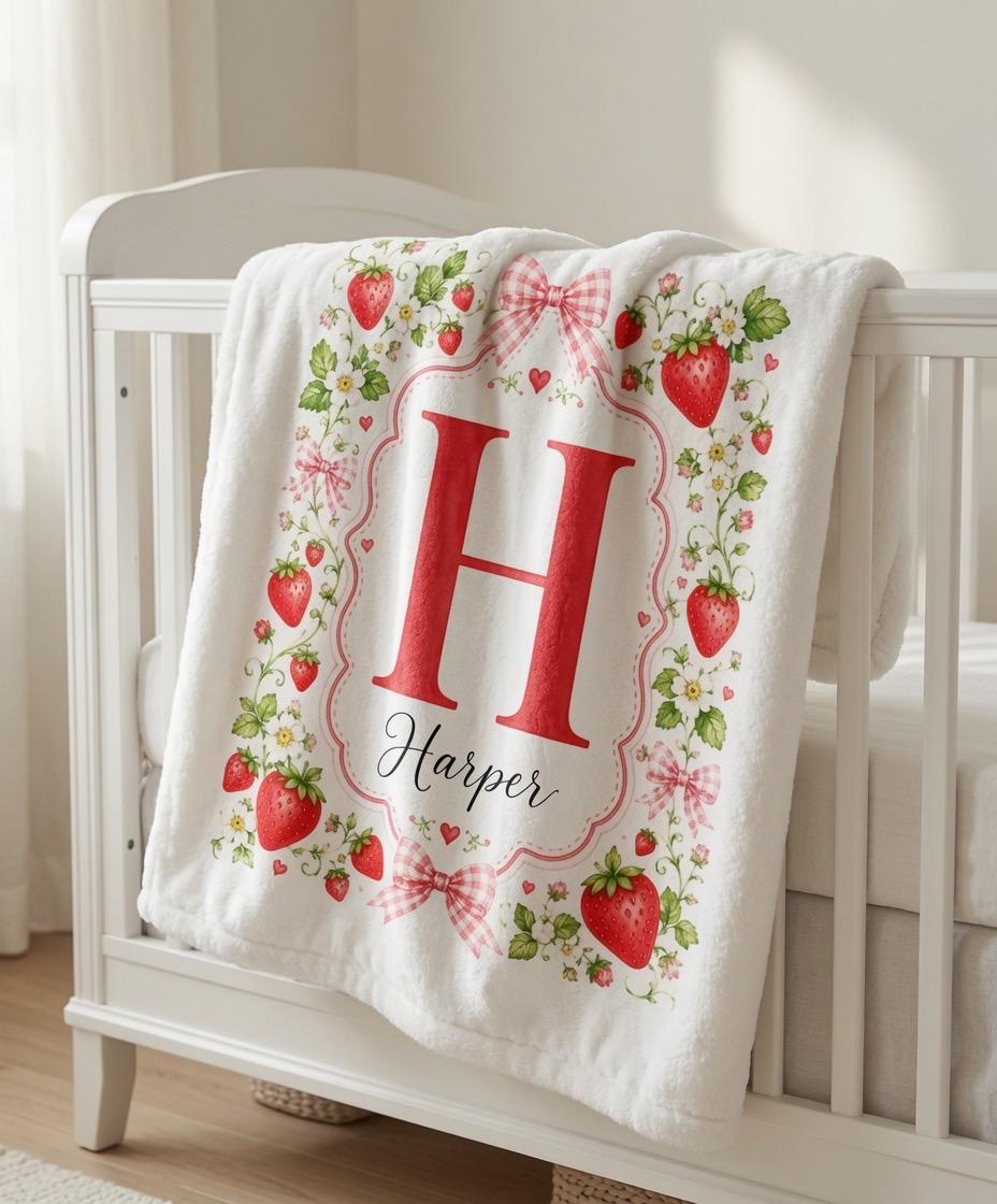 Personalized Strawberry Baby Blanket, Custom Initial Name Blanket, Strawberry Nursery Blanket, Baby Girl Minky Blanket, Berry