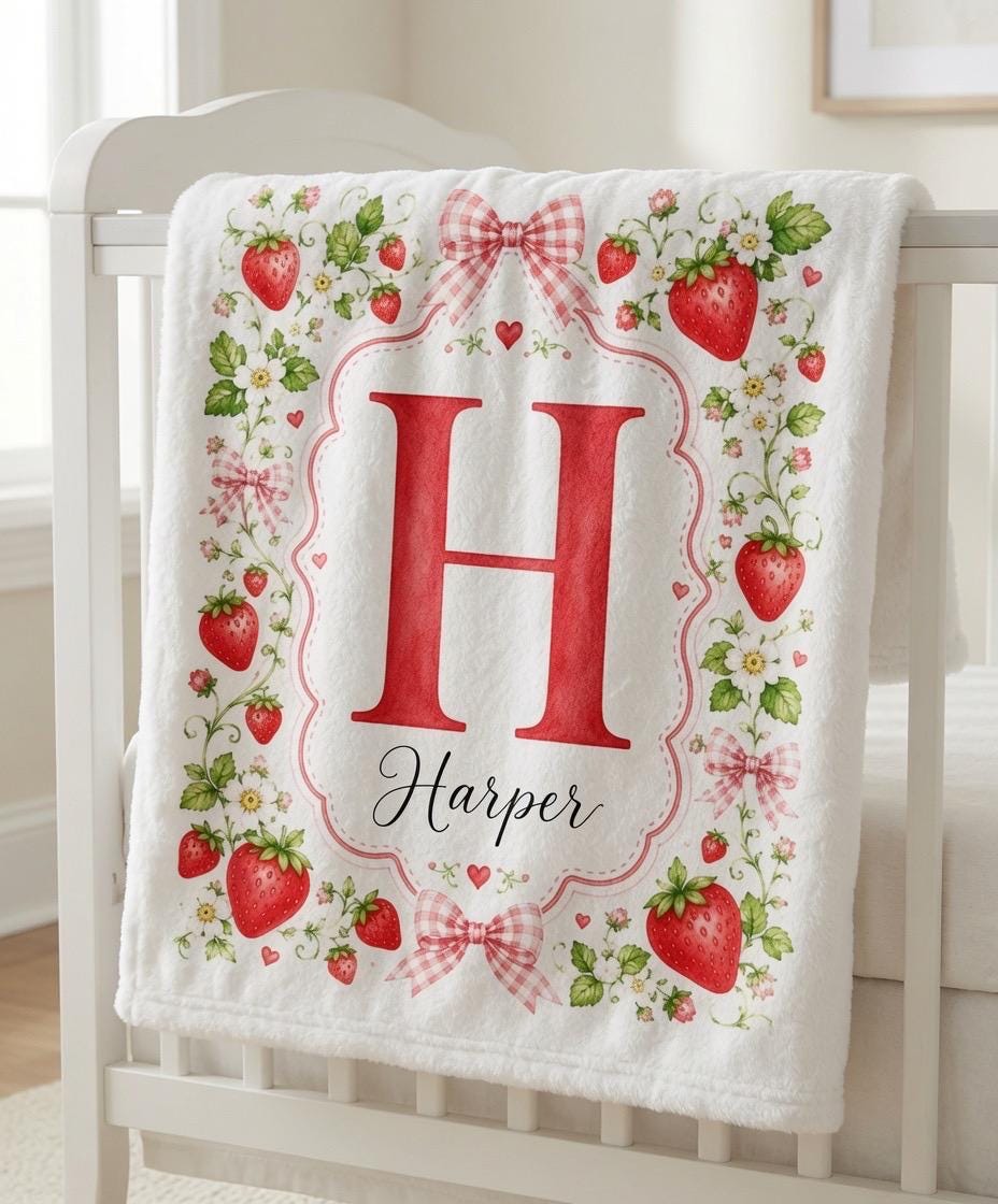 Personalized Strawberry Baby Blanket, Custom Initial Name Blanket, Strawberry Nursery Blanket, Baby Girl Minky Blanket, Berry