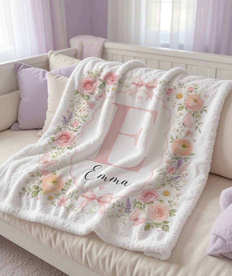 Personalized Floral Baby Blanket, Custom Initial Name Blanket, Girl Nursery Blanket, Monogram Baby Blanket, Pink Floral Baby 