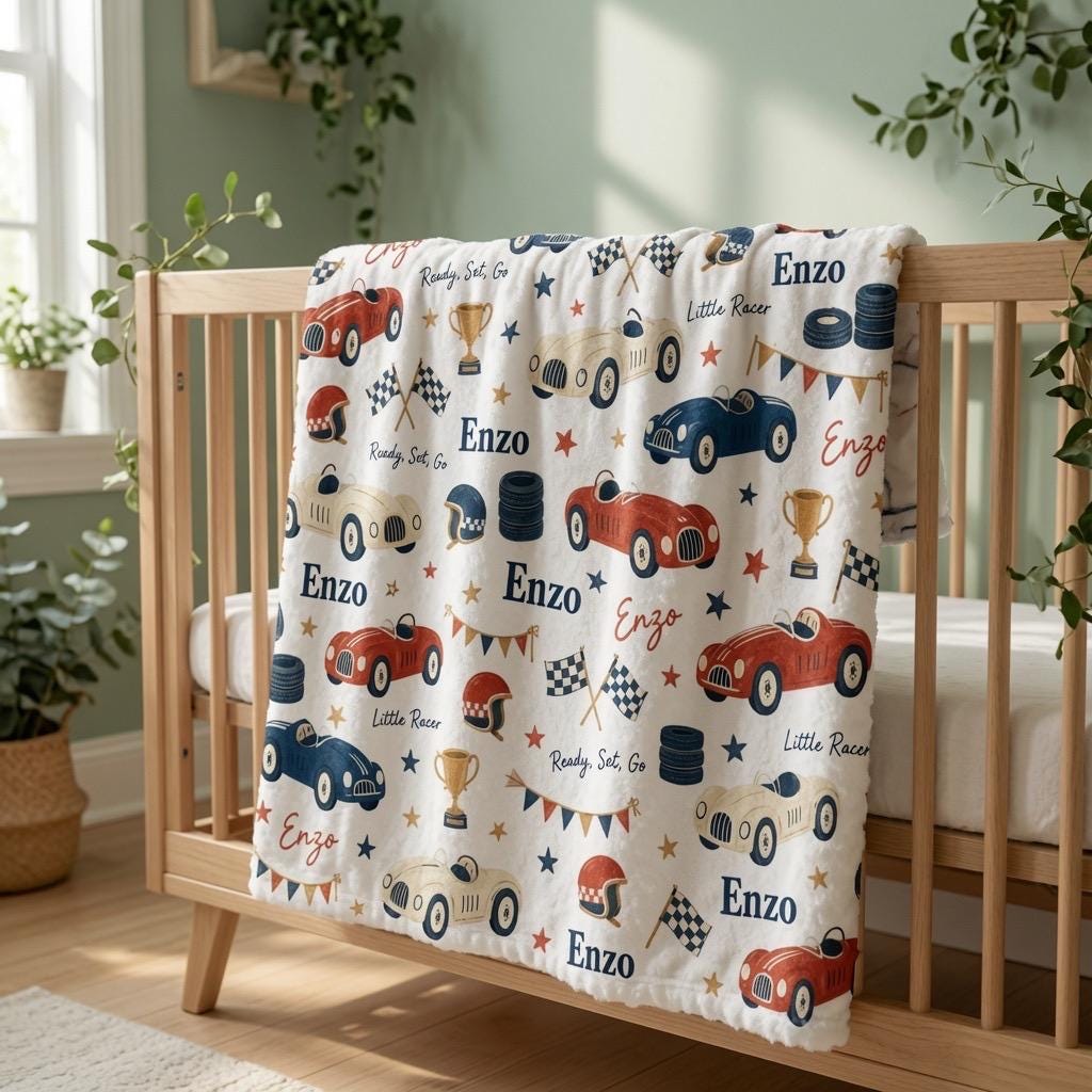 Personalized Race Car Baby Blanket, Custom Name Racing Blanket, Vintage Race Car Minky Blanket, Little Racer Baby Boy Gift, C