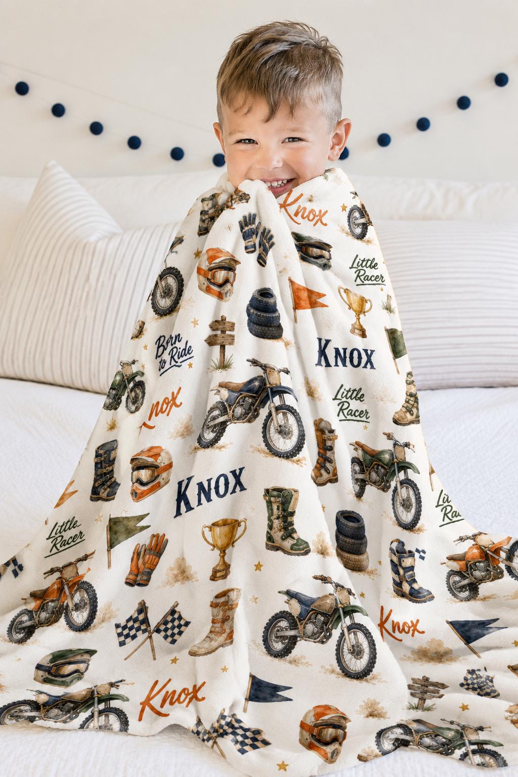 Personalized Dirt Bike Baby Blanket, Custom Motocross Blanket, Dirt Bike Minky Blanket, Little Racer Baby Boy Gift, Dirt Bike