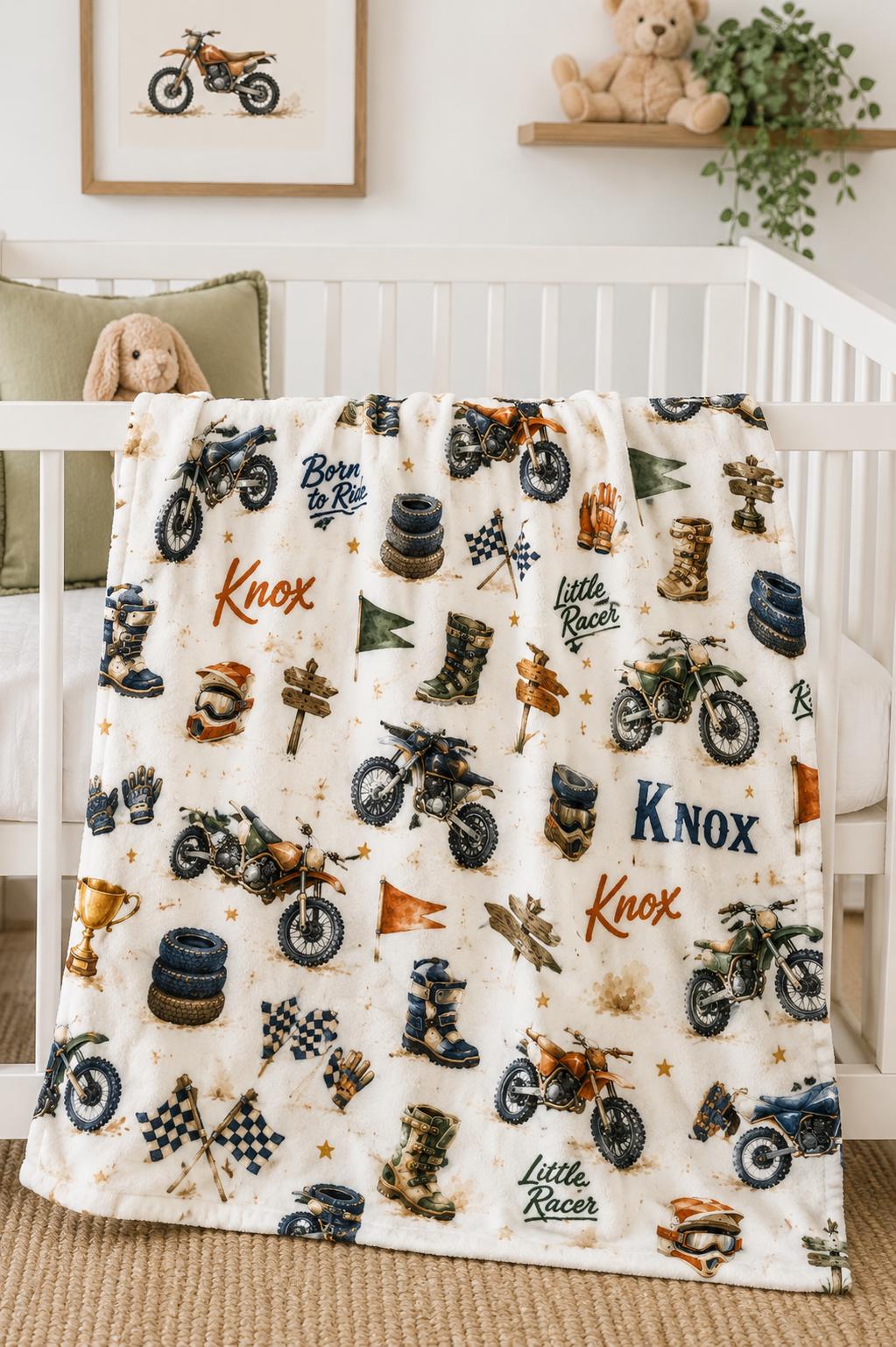 Personalized Dirt Bike Baby Blanket, Custom Motocross Blanket, Dirt Bike Minky Blanket, Little Racer Baby Boy Gift, Dirt Bike