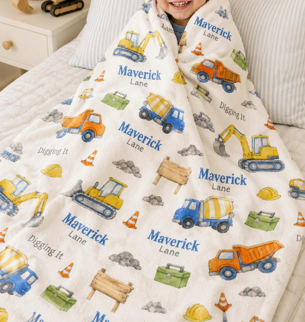 Personalized Construction Baby Blanket, Custom Name Construction Truck Blanket, Excavator Minky Blanket, Dump Truck Baby Boy 