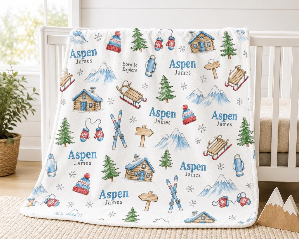 Personalized Winter Baby Blanket, Custom Name Mountain Blanket, Ski Lodge Baby Blanket, Woodland Winter Nursery, Adventure Ba