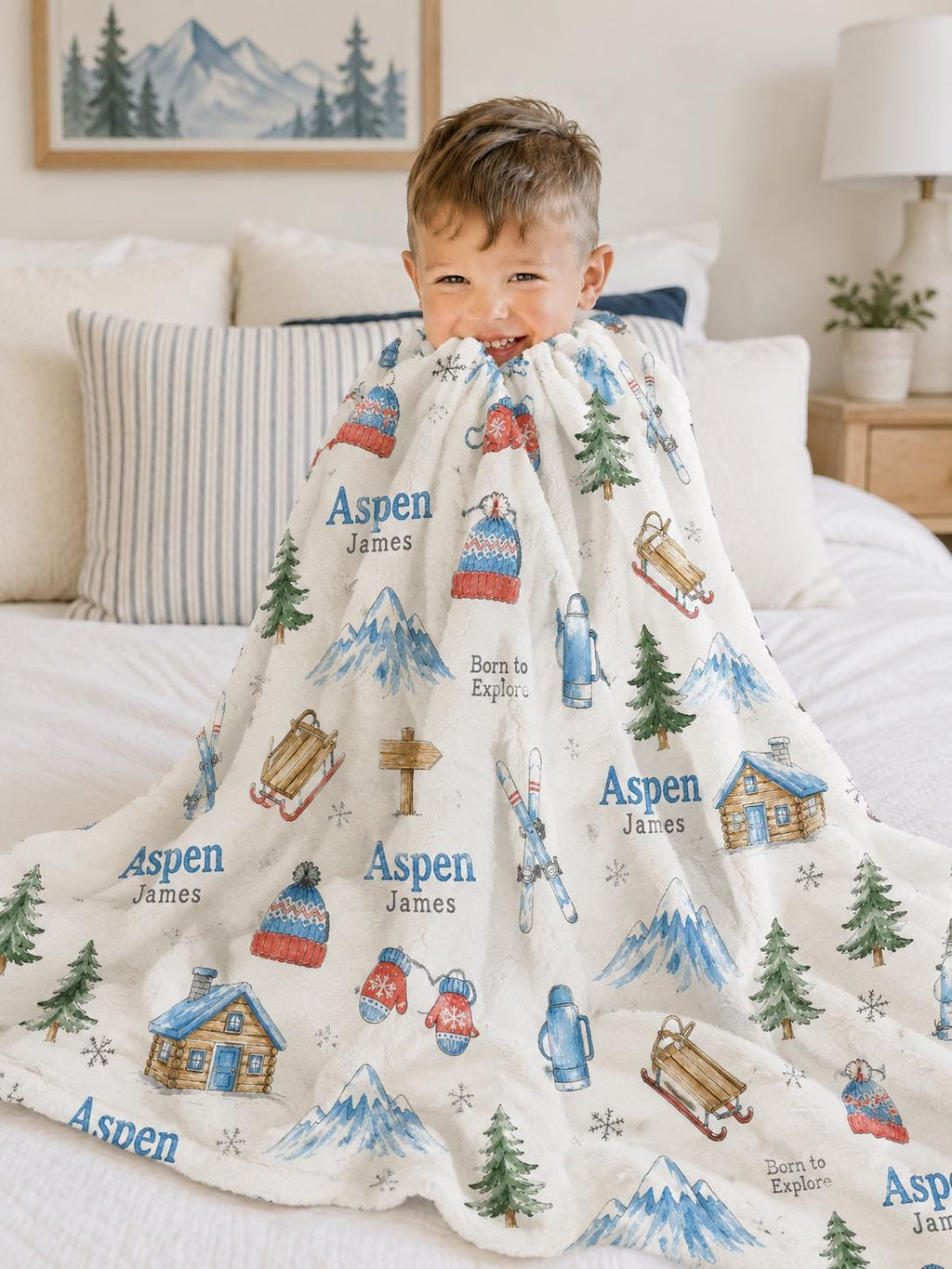 Personalized Winter Baby Blanket, Custom Name Mountain Blanket, Ski Lodge Baby Blanket, Woodland Winter Nursery, Adventure Ba
