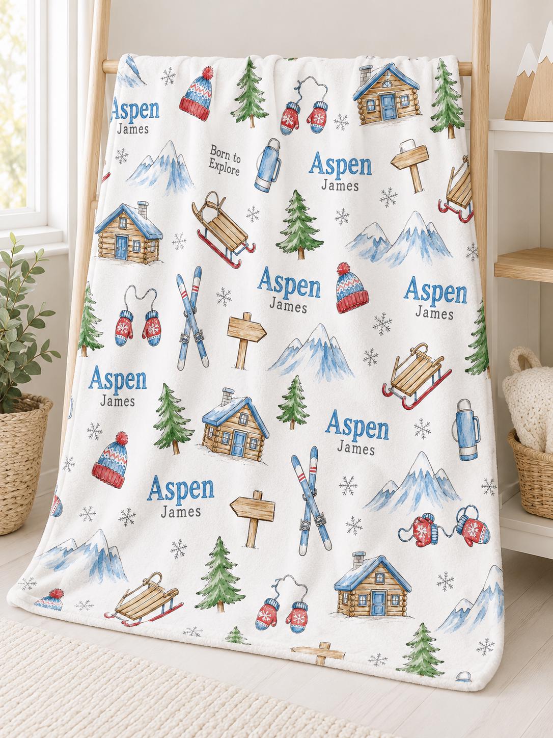 Personalized Winter Baby Blanket, Custom Name Mountain Blanket, Ski Lodge Baby Blanket, Woodland Winter Nursery, Adventure Ba
