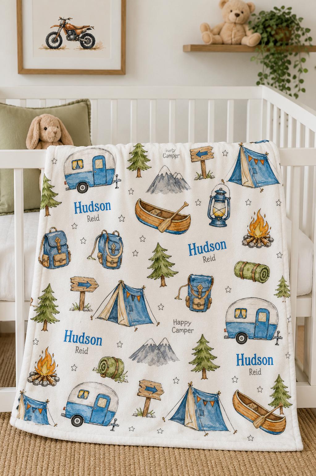 Personalized Camping Baby Blanket, Custom Name Happy Camper Blanket, Adventure Minky Blanket, Mountain Nursery Decor, Baby Bo
