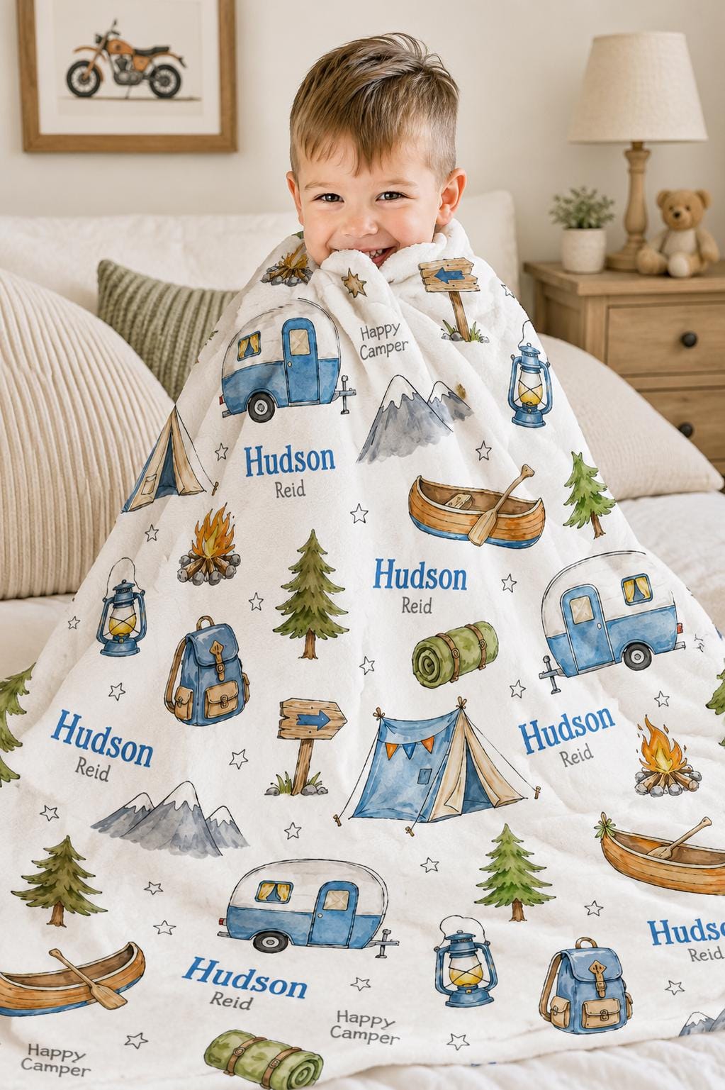 Personalized Camping Baby Blanket, Custom Name Happy Camper Blanket, Adventure Minky Blanket, Mountain Nursery Decor, Baby Bo