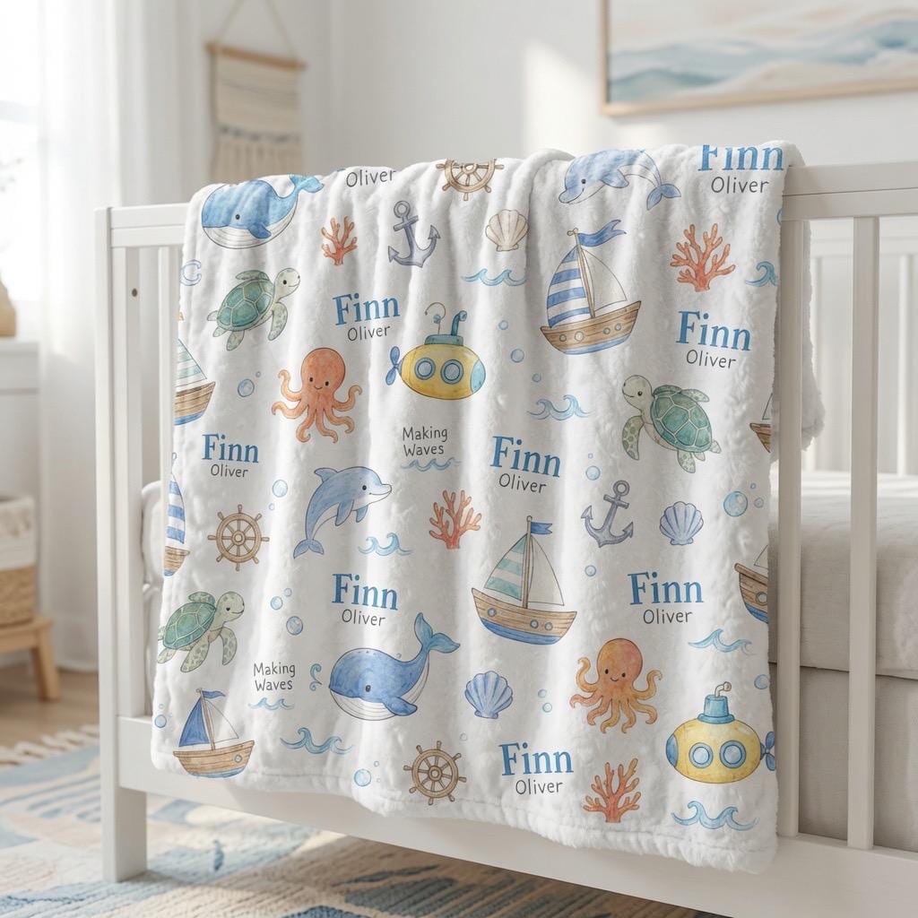 Personalized Ocean Baby Blanket, Custom Name Nautical Baby Blanket, Whale Turtle Dolphin Blanket, Sea Animal Minky Blanket, B