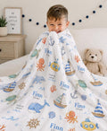 Personalized Ocean Baby Blanket, Custom Name Nautical Baby Blanket, Whale Turtle Dolphin Blanket, Sea Animal Minky Blanket, B