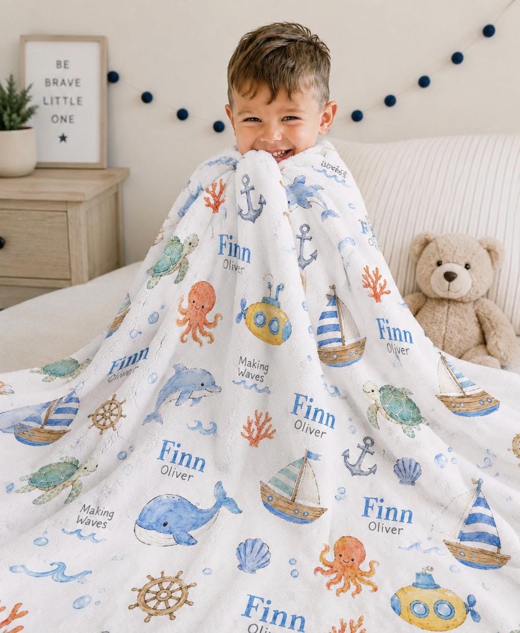 Personalized Ocean Baby Blanket, Custom Name Nautical Baby Blanket, Whale Turtle Dolphin Blanket, Sea Animal Minky Blanket, B
