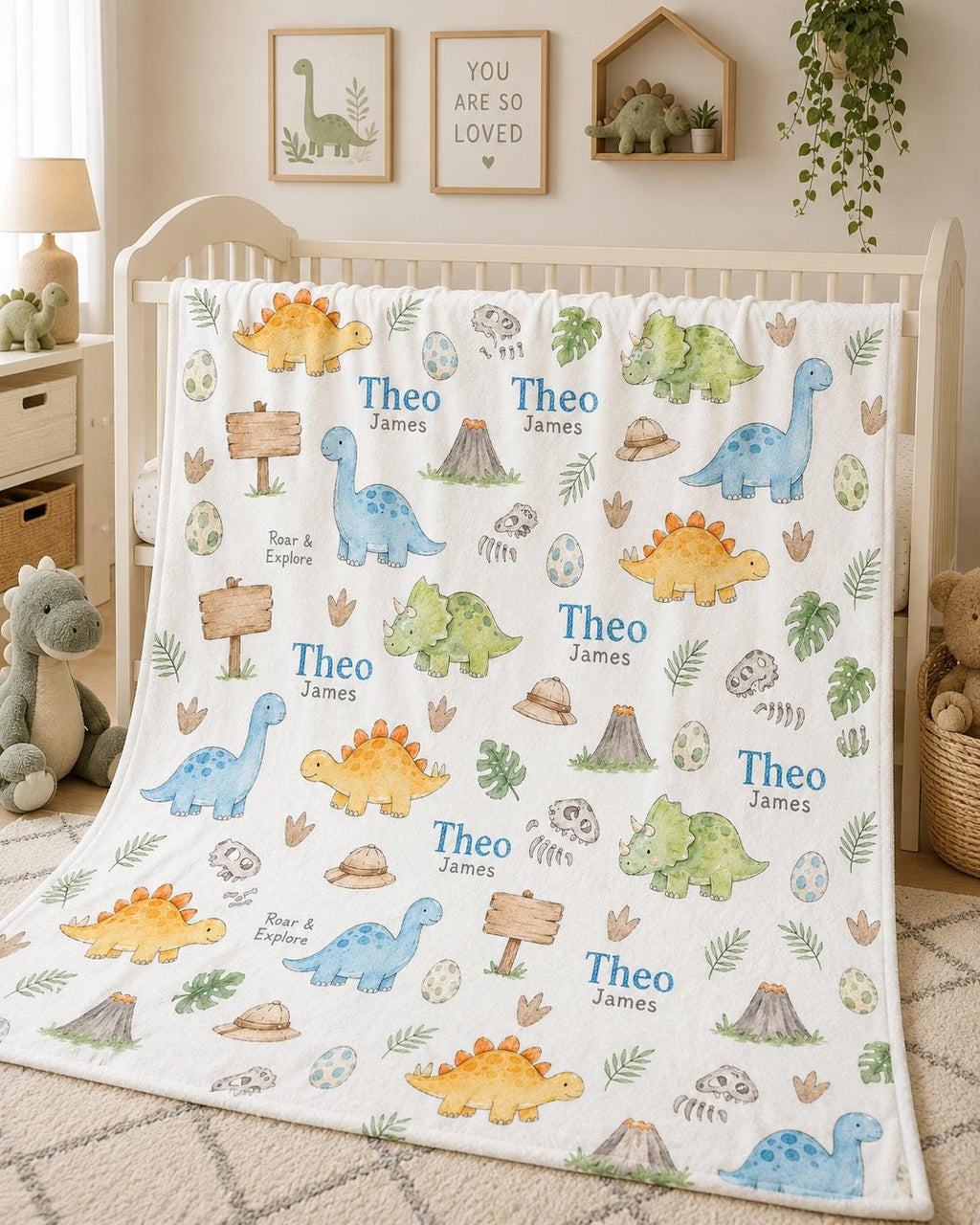 Personalized Dinosaur Baby Blanket, Custom Dino Baby Blanket, Dinosaur Nursery Blanket, Roar & Explore Minky Blanket, Baby Bo