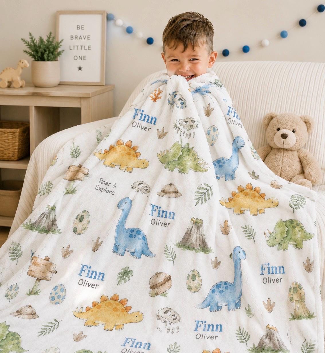 Personalized Dinosaur Baby Blanket, Custom Dino Baby Blanket, Dinosaur Nursery Blanket, Roar & Explore Minky Blanket, Baby Bo