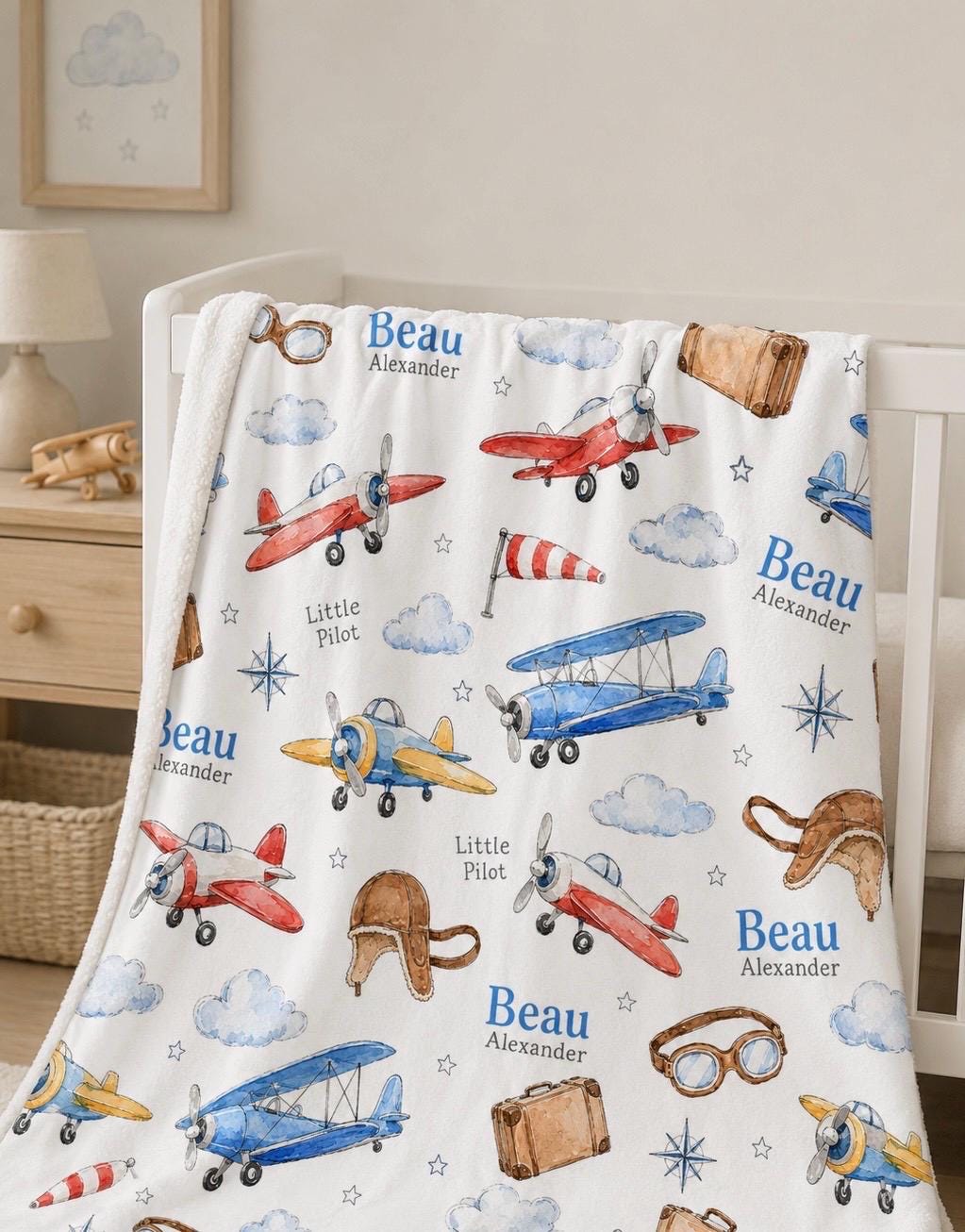 Personalized Airplane Baby Blanket, Custom Pilot Baby Blanket, Aviation Nursery Blanket, Vintage Airplane Minky Blanket, Litt