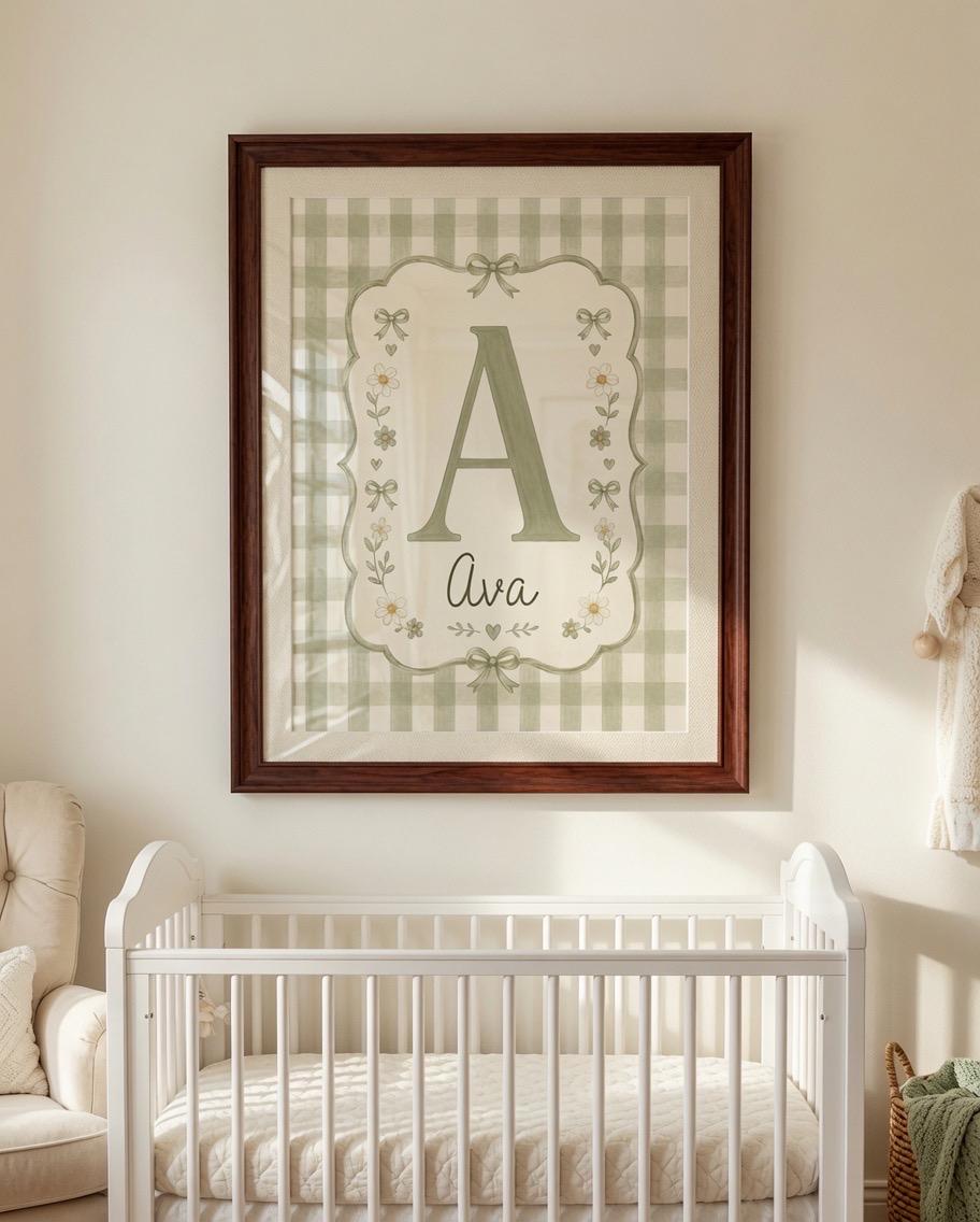 Personalized Floral Initial Nursery Print, Custom Girl Name Wall Art, Sage Gingham Nursery Decor, Digital Download Gift