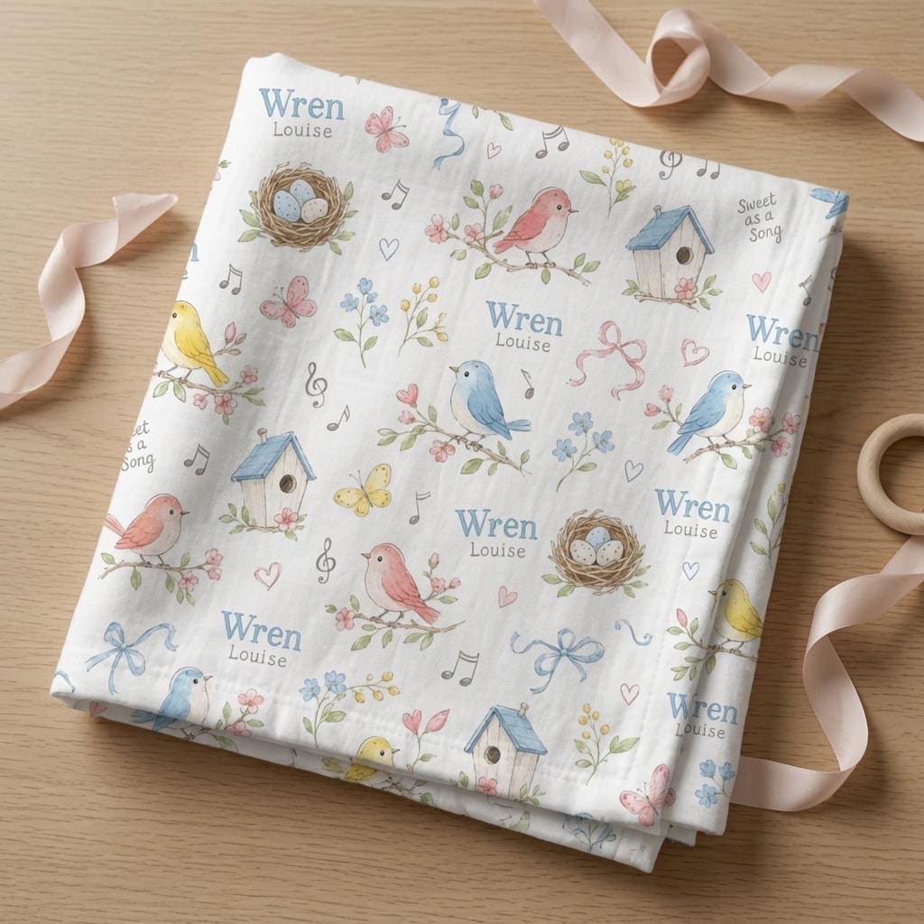 Personalized Bird Baby Blanket, Custom Baby Girl Blanket, Bluebird Nursery Blanket, Spring Bird Minky Blanket, Floral Baby Sh