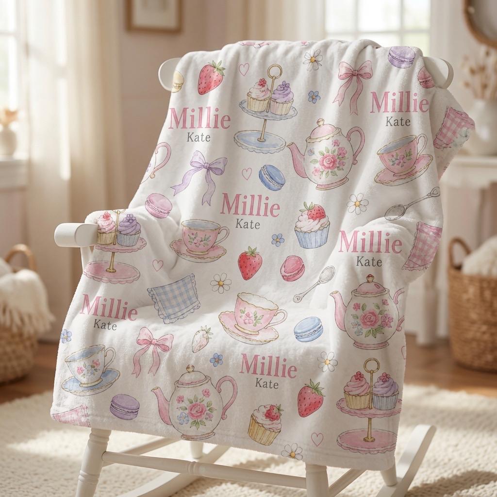 Personalized Tea Party Baby Blanket, Custom Baby Girl Blanket, Floral Tea Set Minky Blanket, Pink Nursery Blanket, Baby Showe