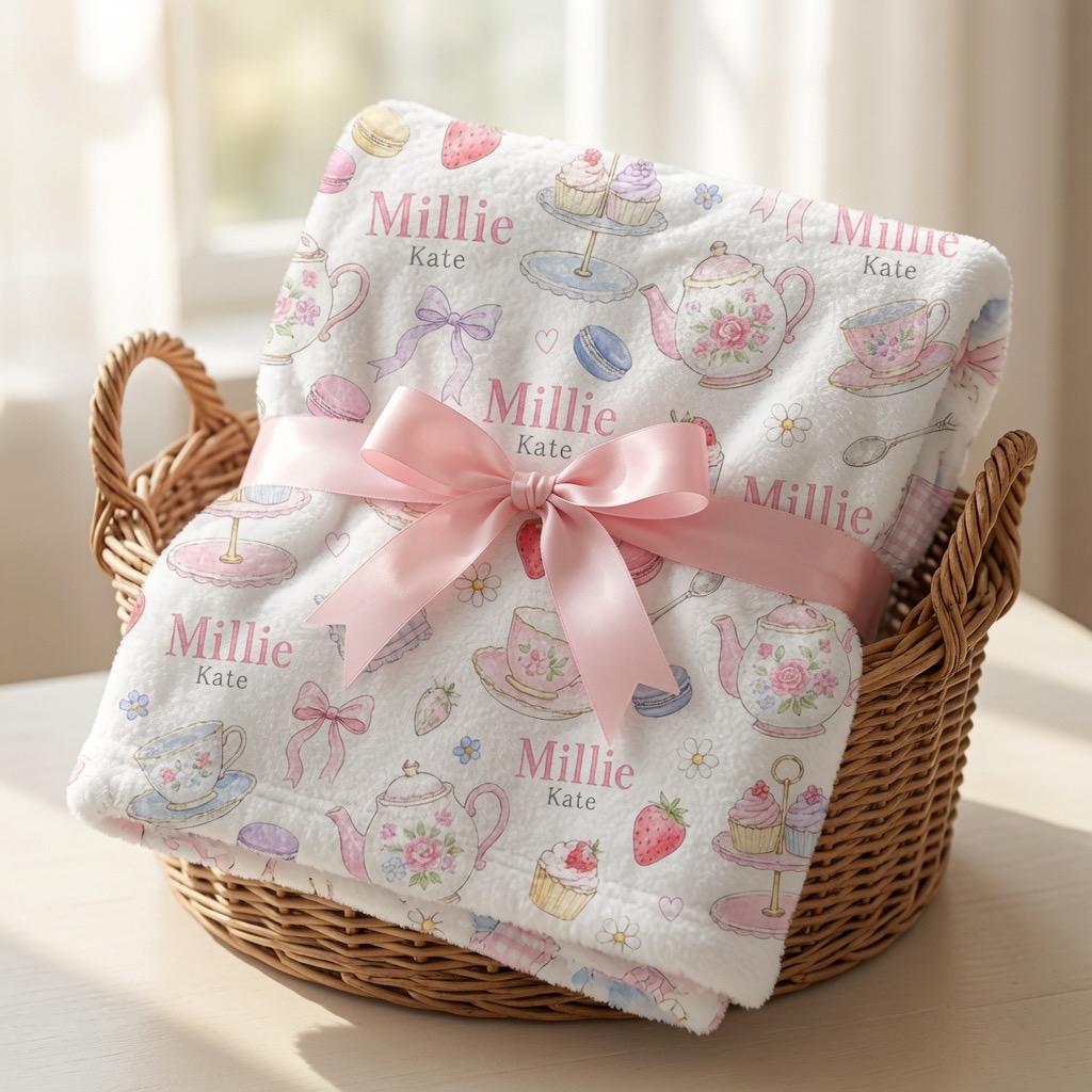 Personalized Tea Party Baby Blanket, Custom Baby Girl Blanket, Floral Tea Set Minky Blanket, Pink Nursery Blanket, Baby Showe