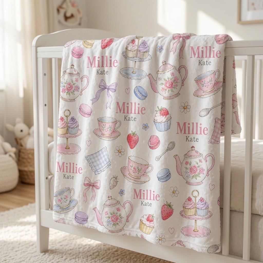 Personalized Tea Party Baby Blanket, Custom Baby Girl Blanket, Floral Tea Set Minky Blanket, Pink Nursery Blanket, Baby Showe