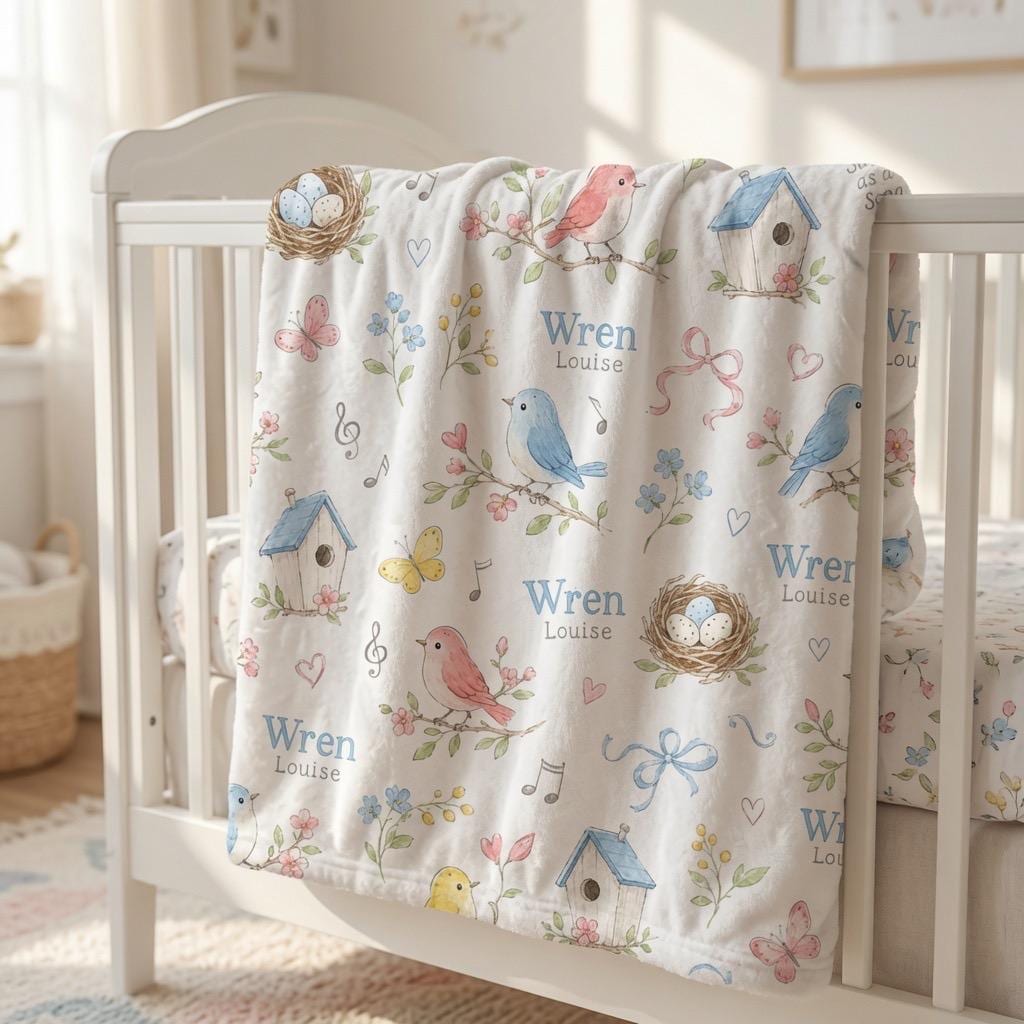 Personalized Bird Baby Blanket, Custom Baby Girl Blanket, Bluebird Nursery Blanket, Spring Bird Minky Blanket, Floral Baby Sh