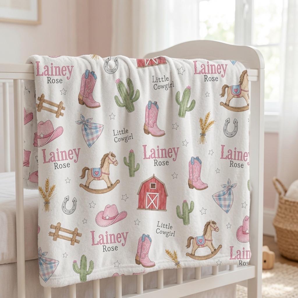Personalized Cowgirl Baby Blanket, Custom Western Girl Blanket, Pink Cowgirl Nursery Blanket, Little Cowgirl Minky Blanket, B