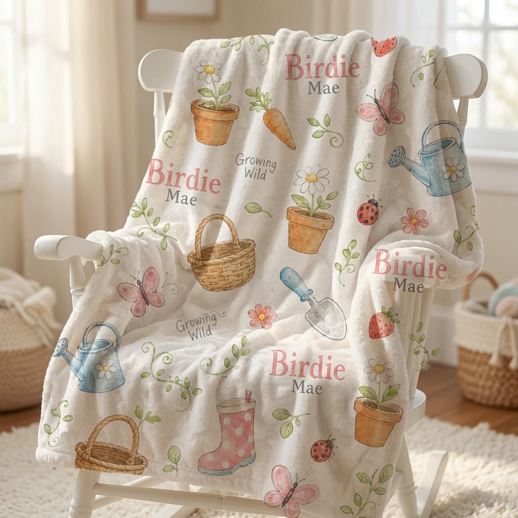 Personalized Gardening Baby Blanket, Custom Garden Baby Blanket, Personalized Baby Name Blanket, Garden Nursery Decor, Floral
