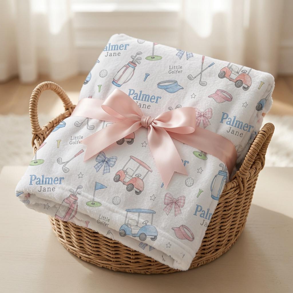 Personalized Golf Baby Blanket, Custom Little Golfer Blanket, Baby Girl Golf Nursery Blanket, Golf Cart Minky Blanket, Baby S