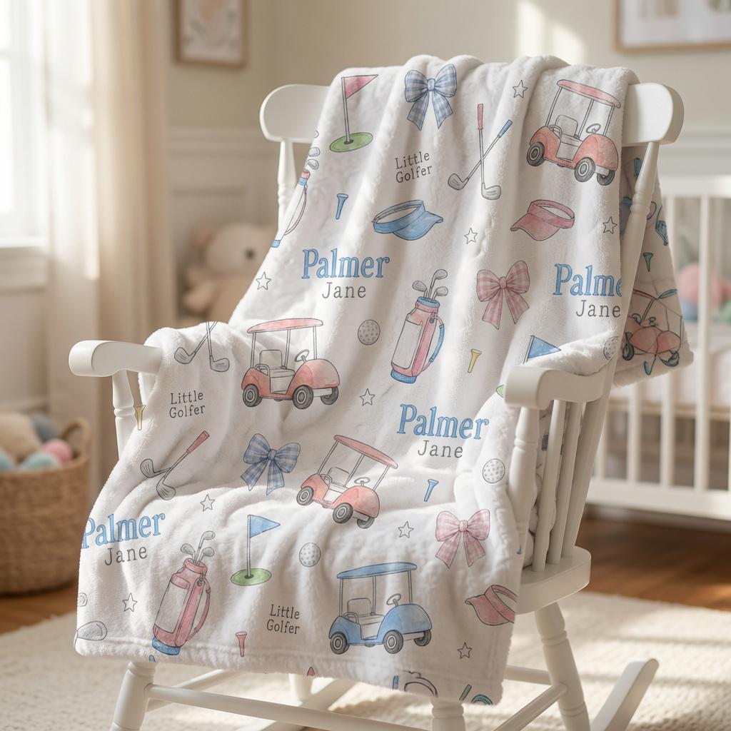 Personalized Golf Baby Blanket, Custom Little Golfer Blanket, Baby Girl Golf Nursery Blanket, Golf Cart Minky Blanket, Baby S