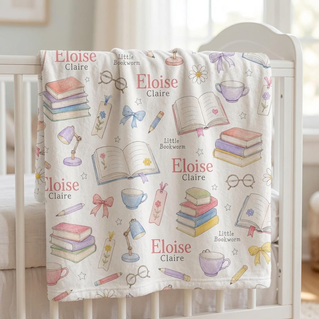 Personalized Book Lover Baby Blanket, Custom Baby Girl Blanket, Little Bookworm Minky Blanket, Reading Nursery Blanket, Baby 