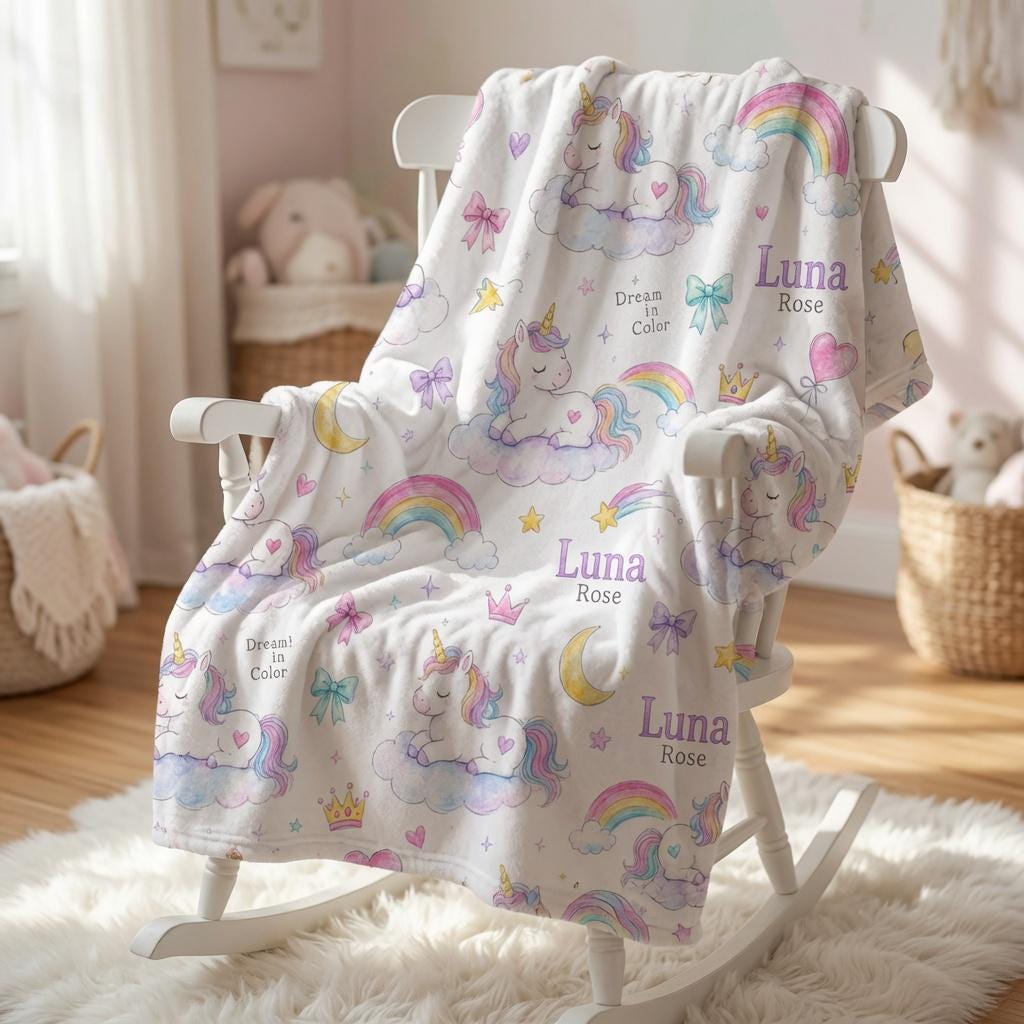 Personalized Unicorn Baby Blanket, Custom Baby Girl Blanket, Rainbow Unicorn Minky Blanket, Dream in Color Nursery Blanket, B
