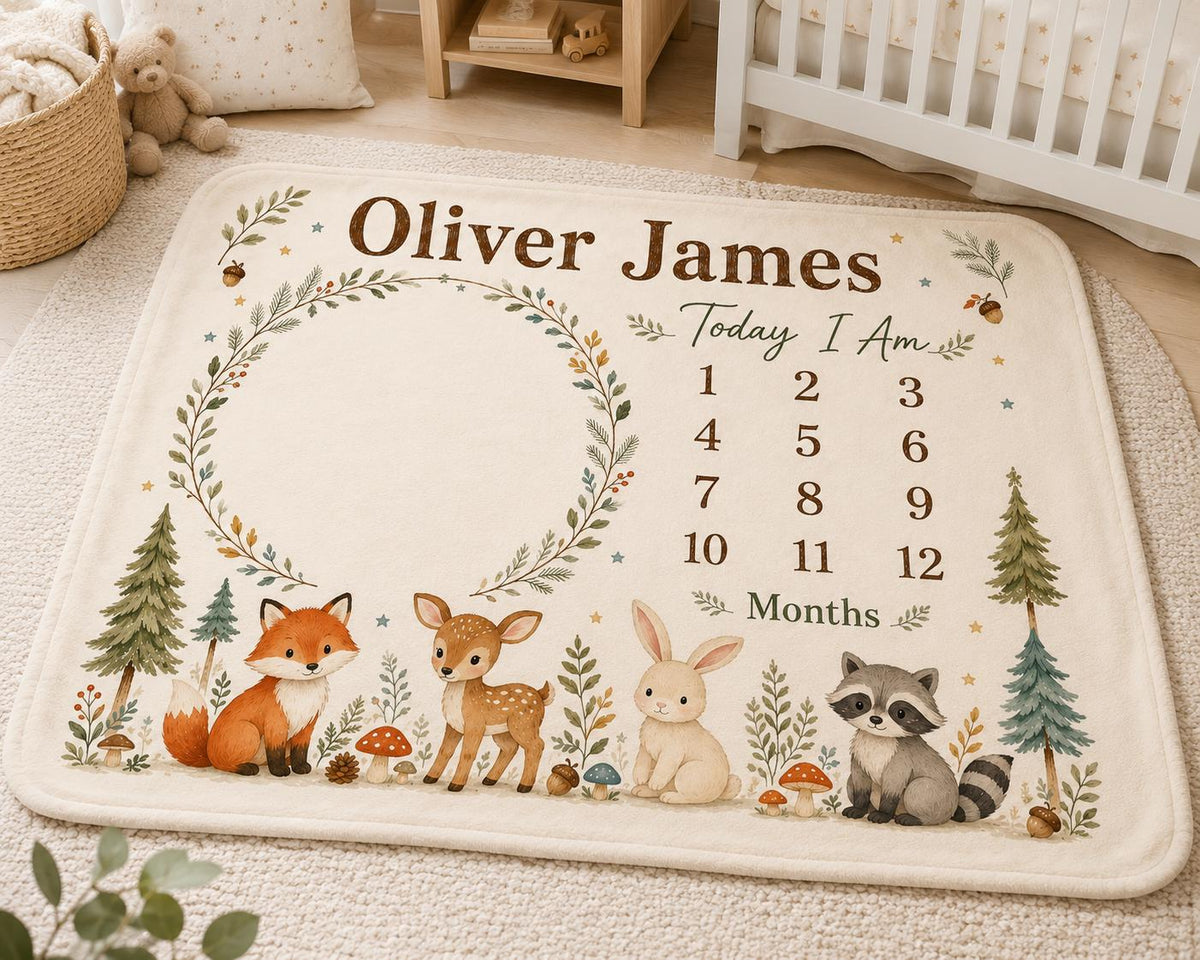 Personalized Woodland Milestone Blanket, Custom Baby Milestone Blanket, Woodland Animal Baby Blanket, Monthly Baby Photo Blan