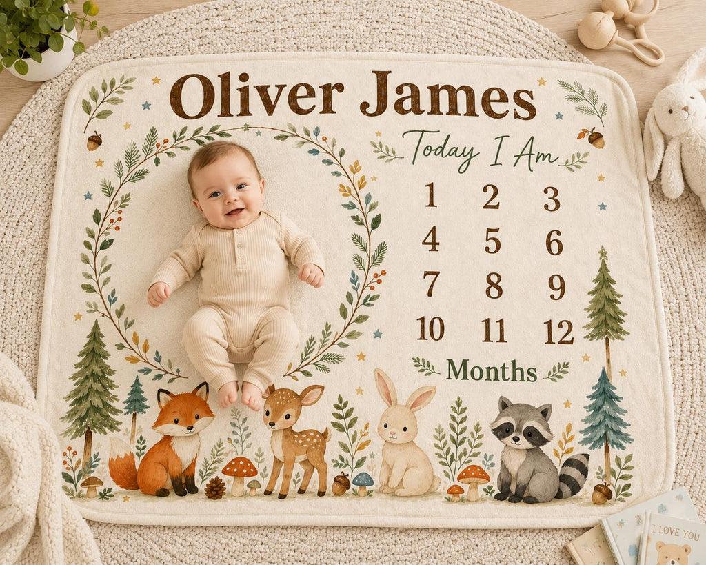 Personalized Woodland Milestone Blanket, Custom Baby Milestone Blanket, Woodland Animal Baby Blanket, Monthly Baby Photo Blan