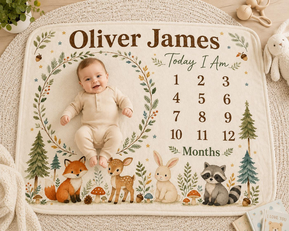 Personalized Woodland Milestone Blanket, Custom Baby Milestone Blanket, Woodland Animal Baby Blanket, Monthly Baby Photo Blan