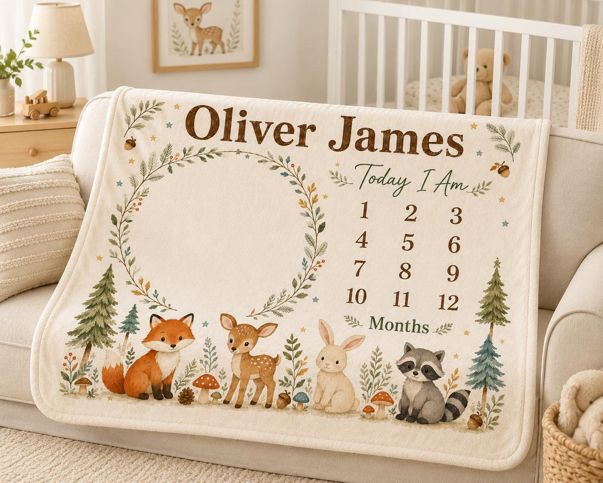 Personalized Woodland Milestone Blanket, Custom Baby Milestone Blanket, Woodland Animal Baby Blanket, Monthly Baby Photo Blan