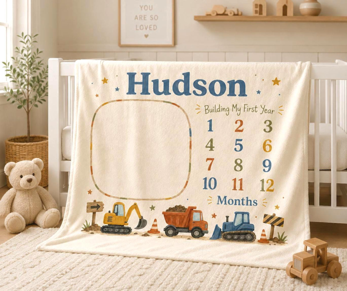 Personalized Construction Milestone Blanket, Custom Baby Milestone Blanket, Construction Baby Blanket, Monthly Milestone Phot