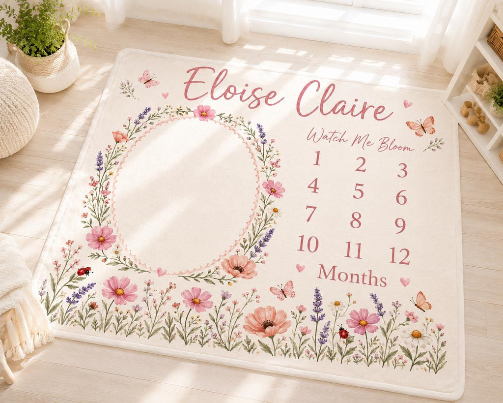 Personalized Floral Milestone Blanket, Custom Baby Girl Milestone Blanket, Wildflower Monthly Blanket, Baby Photo Blanket, Ba