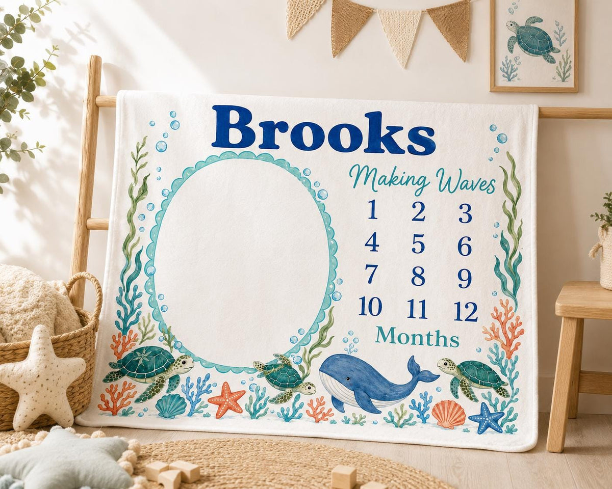 Personalized Ocean Milestone Blanket, Custom Sea Animal Baby Milestone Blanket, Whale & Turtle Monthly Blanket, Baby Photo Bl