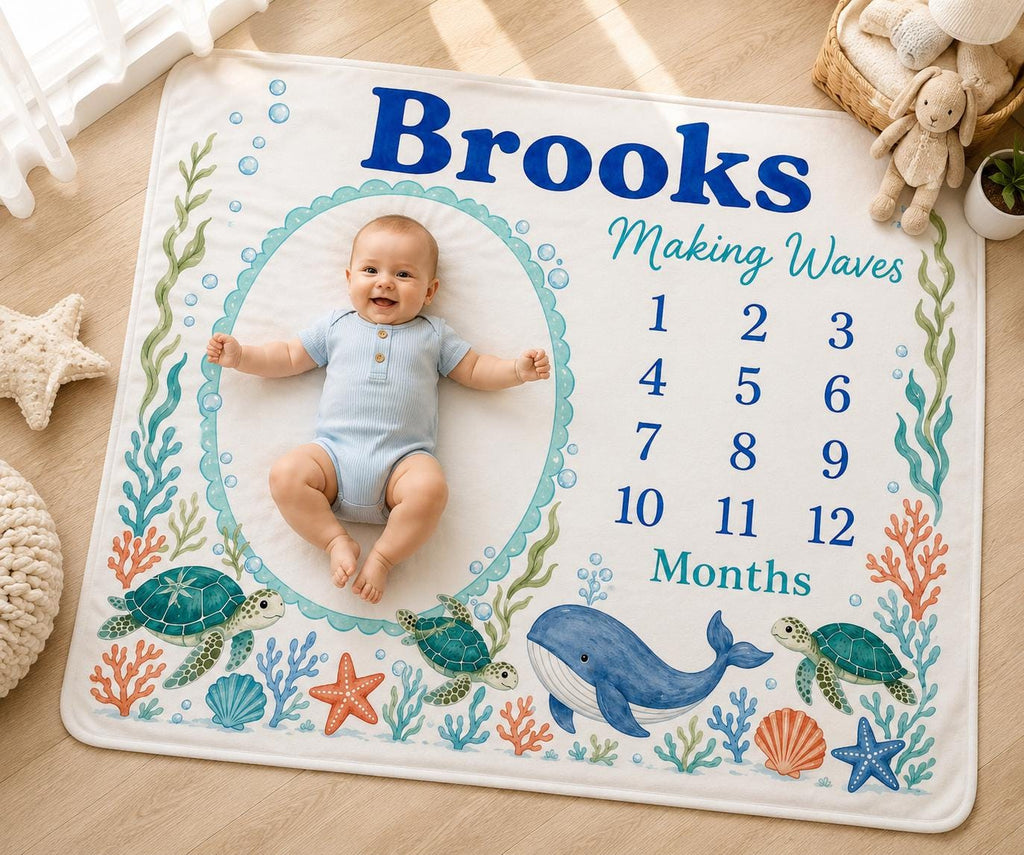 Personalized Ocean Milestone Blanket, Custom Sea Animal Baby Milestone Blanket, Whale & Turtle Monthly Blanket, Baby Photo Bl