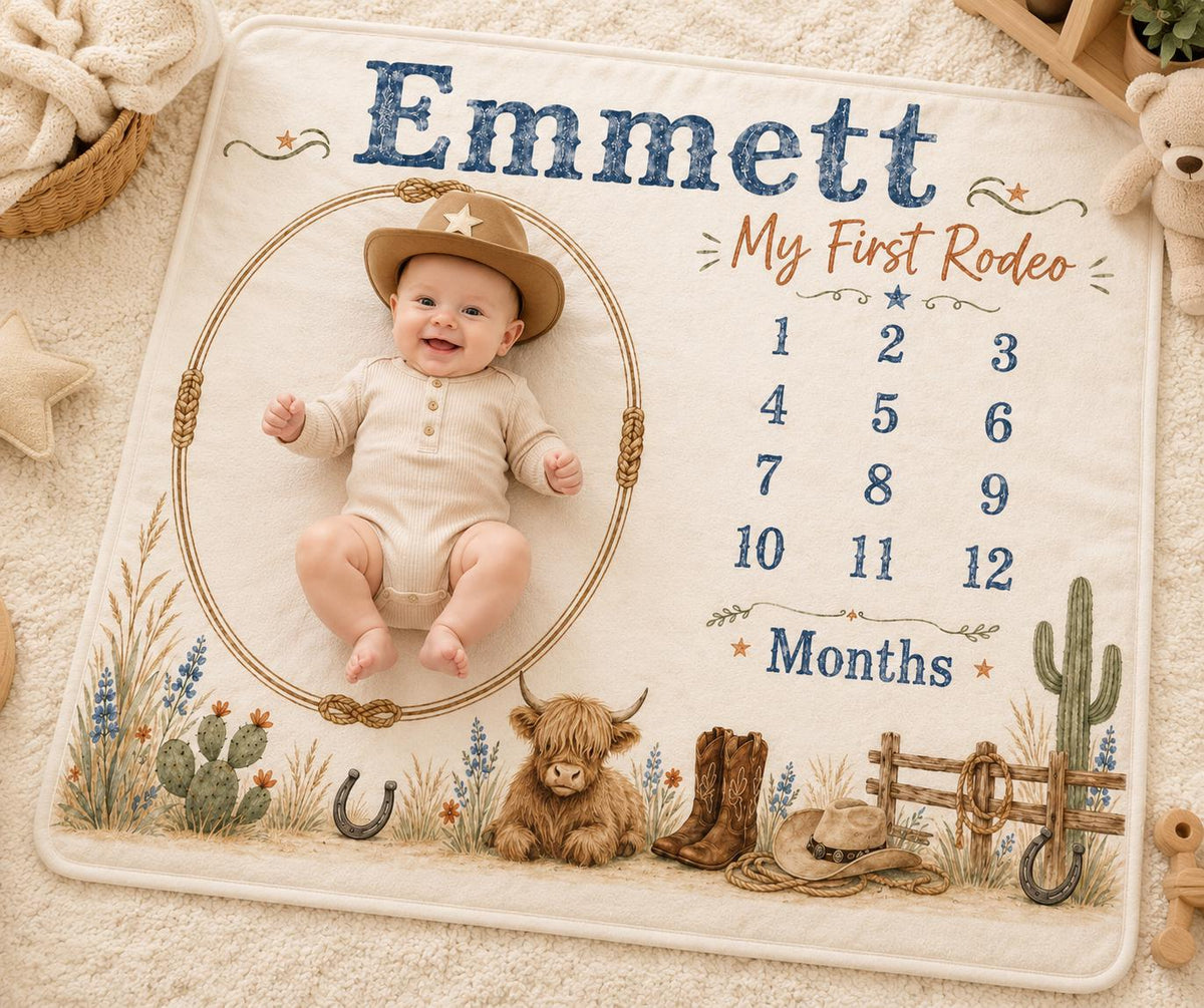 Personalized Western Milestone Blanket, Custom Cowboy Baby Milestone Blanket, Highland Cow Monthly Blanket, My First Rodeo Ba