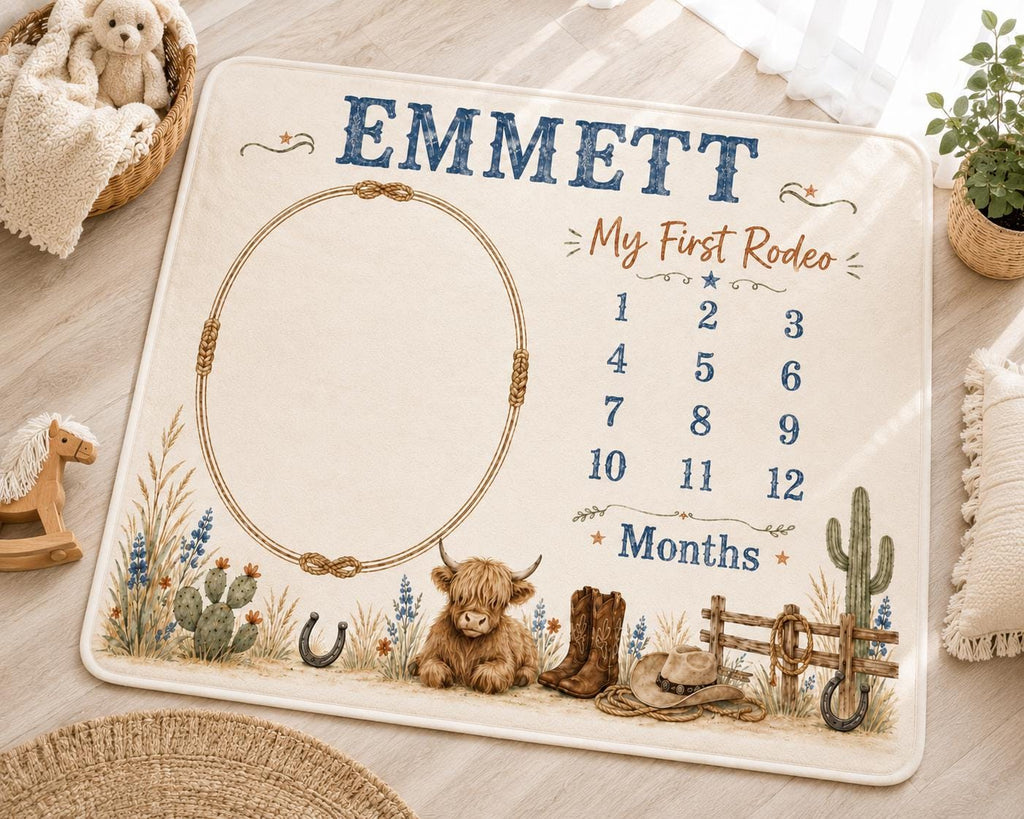 Personalized Western Milestone Blanket, Custom Cowboy Baby Milestone Blanket, Highland Cow Monthly Blanket, My First Rodeo Ba