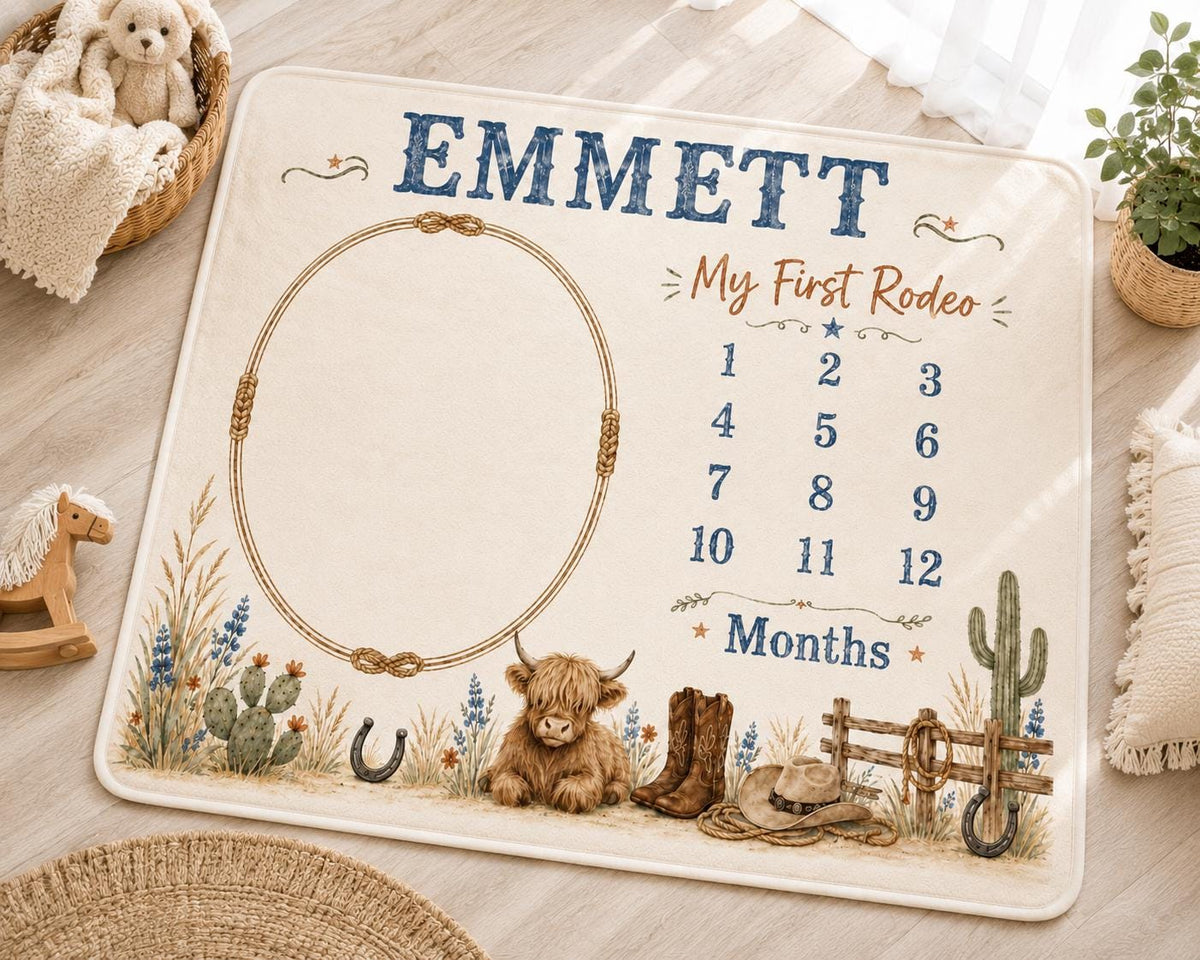 Personalized Western Milestone Blanket, Custom Cowboy Baby Milestone Blanket, Highland Cow Monthly Blanket, My First Rodeo Ba