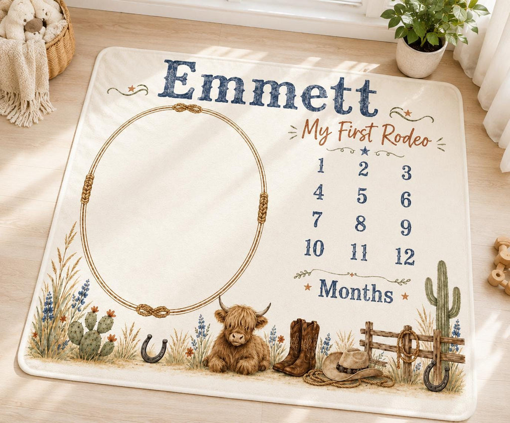 Personalized Western Milestone Blanket, Custom Cowboy Baby Milestone Blanket, Highland Cow Monthly Blanket, My First Rodeo Ba