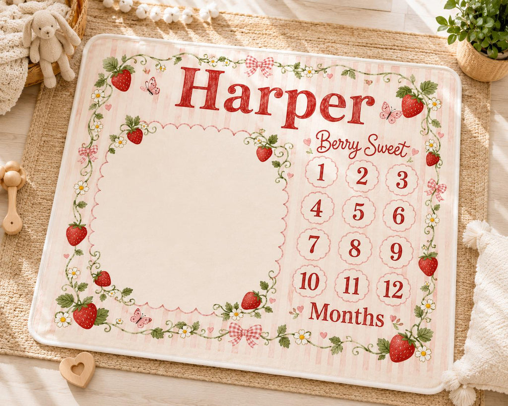 Personalized Strawberry Milestone Blanket, Custom Baby Girl Milestone Blanket, Berry Sweet Monthly Blanket, Baby Photo Blanke