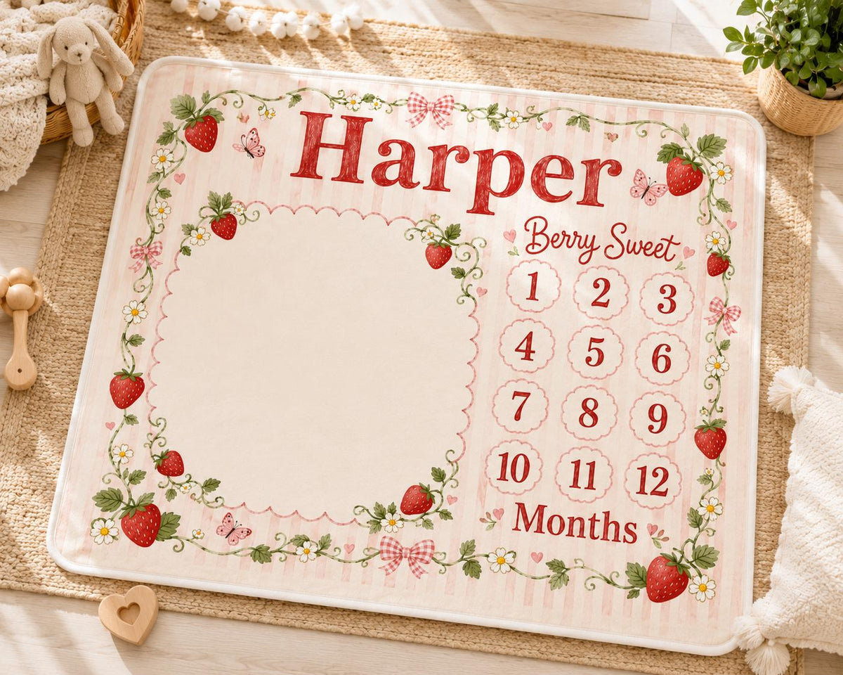 Personalized Strawberry Milestone Blanket, Custom Baby Girl Milestone Blanket, Berry Sweet Monthly Blanket, Baby Photo Blanke
