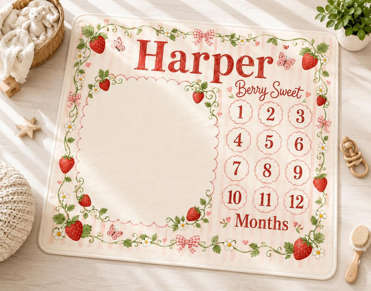 Personalized Strawberry Milestone Blanket, Custom Baby Girl Milestone Blanket, Berry Sweet Monthly Blanket, Baby Photo Blanke
