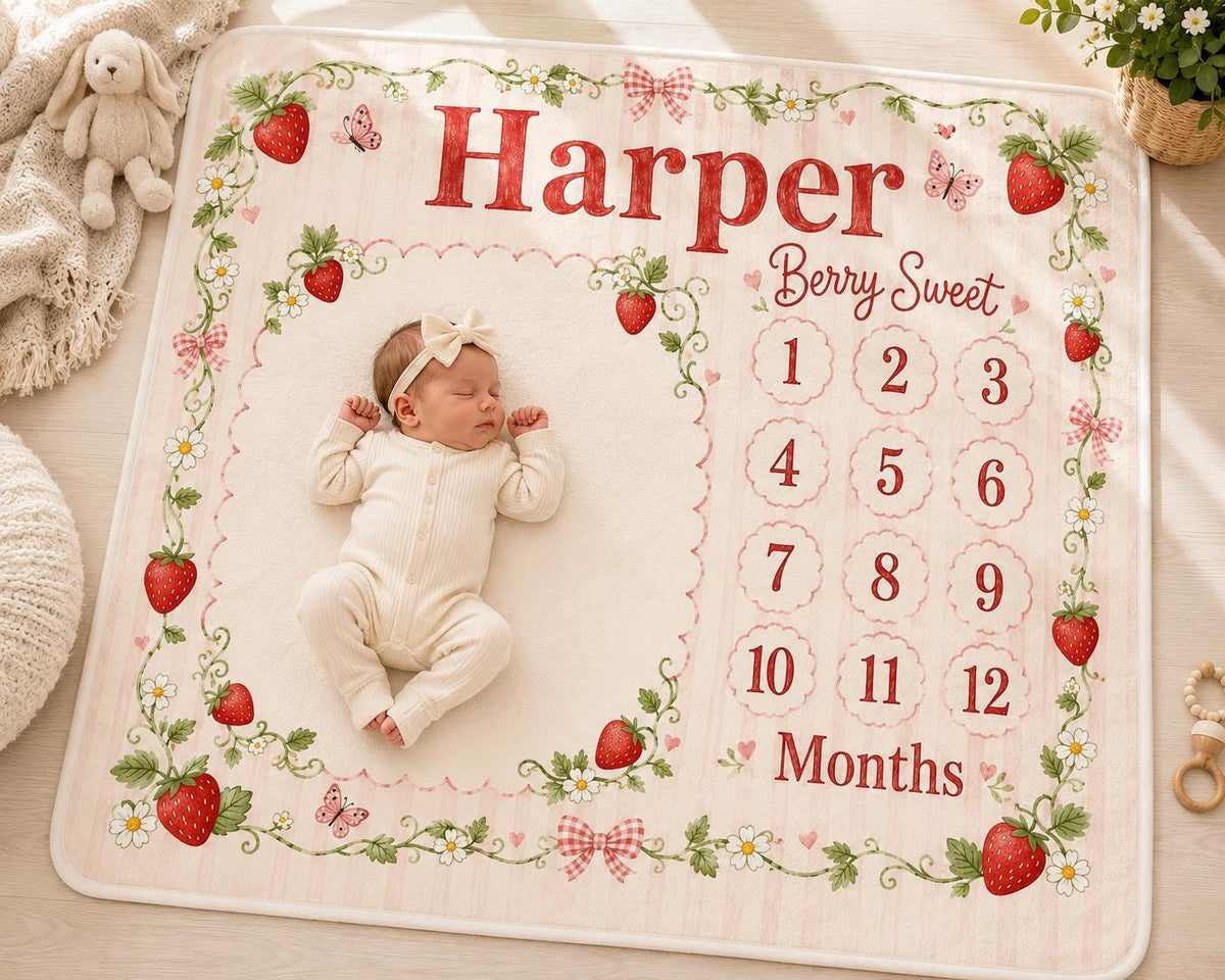 Personalized Strawberry Milestone Blanket, Custom Baby Girl Milestone Blanket, Berry Sweet Monthly Blanket, Baby Photo Blanke