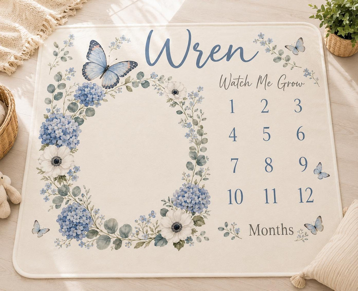 Personalized Blue Floral Milestone Blanket, Custom Baby Girl Milestone Blanket, Butterfly Monthly Blanket, Baby Photo Blanket